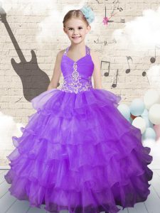 Great Halter Top Lavender Sleeveless Beading and Ruffled Layers Floor Length Little Girls Pageant Dress