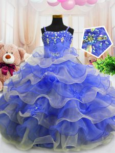 Fantastic Spaghetti Straps Sleeveless Little Girl Pageant Dress Floor Length Beading and Ruffled Layers Blue Organza
