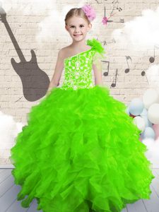 Traditional One Shoulder Sleeveless Floor Length Beading and Ruffles Lace Up Kids Pageant Dress