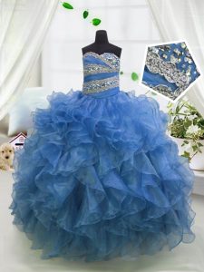 Chic Blue Sweetheart Lace Up Beading and Ruffles Girls Pageant Dresses Sleeveless