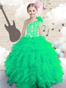 Trendy One Shoulder Sleeveless Organza Floor Length Lace Up Little Girls Pageant Dress in with Embroidery and Ruffles