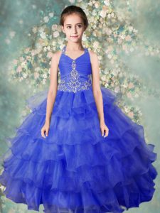 Trendy Halter Top Baby Blue Sleeveless Beading and Ruffled Layers Floor Length Pageant Dress for Teens