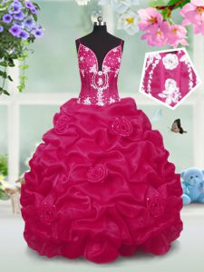 Red Lace Up Pageant Dress Toddler Beading and Pick Ups Sleeveless Floor Length