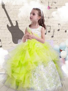 Scoop Yellow Green Organza Lace Up Pageant Dress for Teens Sleeveless Floor Length Beading and Ruffles