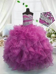 Extravagant Fuchsia Sleeveless Organza Lace Up Kids Formal Wear for Party and Wedding Party