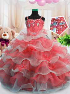 Floor Length Red Winning Pageant Gowns Organza Sleeveless Beading and Ruffled Layers