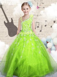 Cheap Apple Green Sleeveless Floor Length Beading and Appliques and Hand Made Flower Lace Up High School Pageant Dress