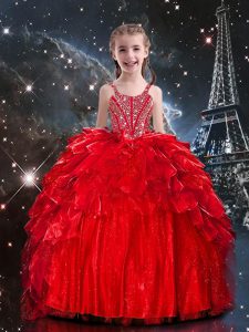 Custom Designed Beading and Ruffles Girls Pageant Dresses Red Lace Up Sleeveless Floor Length