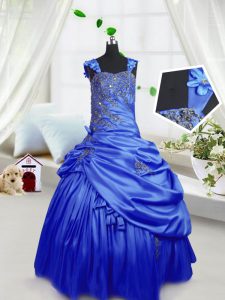 Sleeveless Satin Floor Length Lace Up Pageant Dress for Womens in Royal Blue with Beading and Pick Ups
