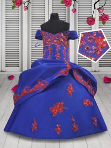Pretty Ball Gowns Little Girls Pageant Dress Royal Blue Off The Shoulder Satin Sleeveless Floor Length Lace Up