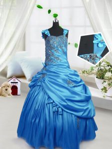 Glittering Aqua Blue Zipper Straps Beading and Pick Ups Little Girls Pageant Dress Wholesale Satin Sleeveless