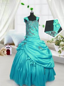 Turquoise Ball Gowns Satin Straps Sleeveless Beading and Pick Ups Floor Length Lace Up Child Pageant Dress