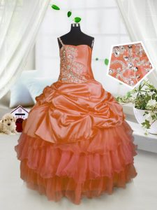 Custom Design Orange Little Girls Pageant Gowns Party and Wedding Party and For with Beading and Ruffled Layers and Pick
