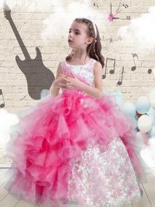 Comfortable Hot Pink Scoop Neckline Beading and Ruffles Pageant Gowns For Girls Sleeveless Lace Up