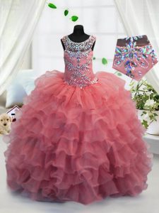 Dramatic Scoop Coral Red Ball Gowns Beading and Ruffled Layers Kids Formal Wear Lace Up Organza Sleeveless Floor Length
