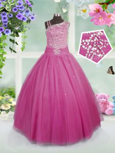 Traditional Rose Pink Ball Gowns Tulle Asymmetric Sleeveless Beading Floor Length Side Zipper Pageant Gowns For Girls