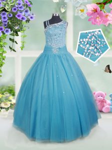 Stylish Teal Side Zipper Asymmetric Beading Little Girls Pageant Gowns Tulle Sleeveless