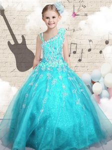 Edgy Aqua Blue Ball Gowns Appliques Evening Gowns Lace Up Tulle Sleeveless Floor Length