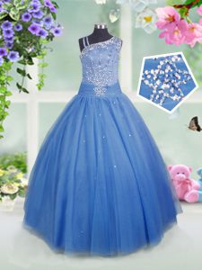 Tulle Asymmetric Sleeveless Side Zipper Beading Child Pageant Dress in Baby Blue