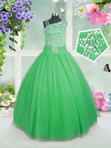 Green Tulle Side Zipper Asymmetric Sleeveless Floor Length Girls Pageant Dresses Beading