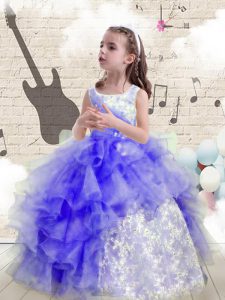 Gorgeous Scoop Floor Length Blue Little Girls Pageant Dress Wholesale Organza Sleeveless Beading and Ruffles