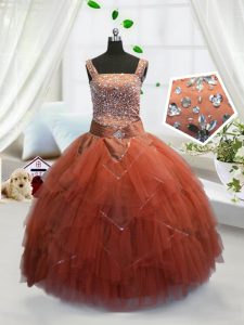 Suitable Orange Red Straps Neckline Beading and Ruffles Little Girl Pageant Gowns Sleeveless Lace Up