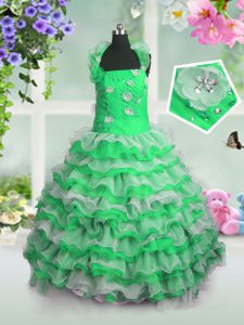 Straps Lace Up Beading and Appliques and Ruffled Layers Pageant Dress Toddler Sleeveless