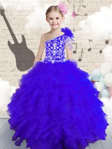 Navy Blue Lace Up One Shoulder Embroidery and Ruffles and Hand Made Flower Girls Pageant Dresses Organza Sleeveless