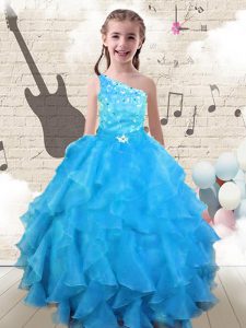 Romantic Aqua Blue Ball Gowns Organza One Shoulder Sleeveless Beading and Ruffles Floor Length Lace Up Pageant Gowns For