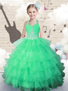 Fantastic Halter Top Green Organza Lace Up Little Girls Pageant Dress Sleeveless Floor Length Beading and Ruffled Layers