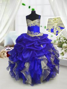 Spaghetti Straps Sleeveless Organza Pageant Gowns For Girls Beading and Ruffles and Pick Ups Lace Up