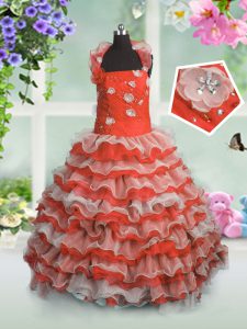 Ruffled Coral Red Sleeveless Organza Lace Up Evening Gowns for Party and Wedding Party