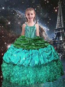 Sumptuous Green Organza Lace Up Spaghetti Straps Sleeveless Floor Length Little Girls Pageant Dress Beading and Ruffles