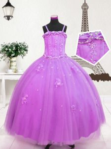 Lilac Child Pageant Dress Party and Wedding Party and For with Beading and Appliques Spaghetti Straps Sleeveless Zipper