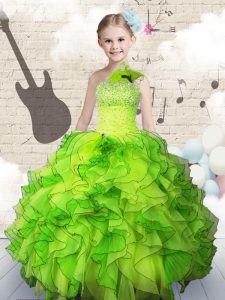 Captivating One Shoulder Sleeveless Beading and Ruffles Floor Length Kids Pageant Dress
