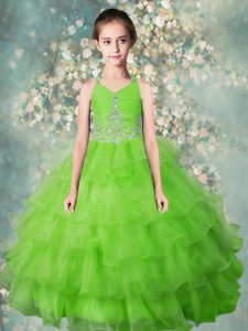 Inexpensive Halter Top Ruffled Floor Length Ball Gowns Sleeveless Apple Green Pageant Dress for Teens Zipper