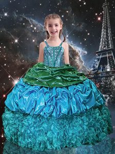 Aqua Blue Ball Gowns Beading and Ruffles and Pick Ups Pageant Dress for Teens Lace Up Organza Sleeveless Floor Length