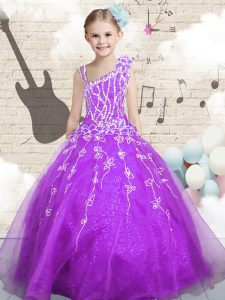 Colorful Purple Sleeveless Beading and Appliques and Hand Made Flower Floor Length Pageant Gowns For Girls