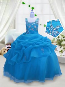 Pick Ups Floor Length Aqua Blue Pageant Dress Wholesale Straps Sleeveless Lace Up