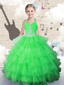 Green Halter Top Neckline Beading and Ruffled Layers Little Girl Pageant Dress Sleeveless Lace Up