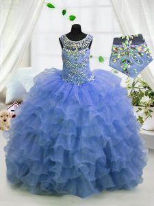 Spectacular Scoop Light Blue Sleeveless Beading and Ruffled Layers Floor Length Winning Pageant Gowns