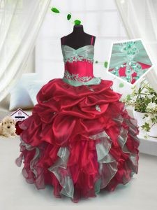 Amazing Red Sleeveless Organza Lace Up Girls Pageant Dresses for Party and Wedding Party