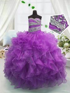 Sweetheart Sleeveless Lace Up Little Girl Pageant Gowns Purple Organza