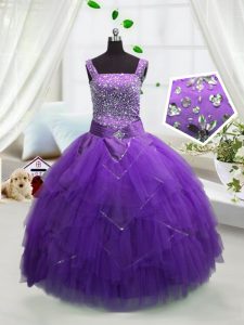 Simple Lavender Sleeveless Floor Length Beading and Ruffles Lace Up Little Girl Pageant Gowns