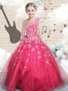 Floor Length Ball Gowns Sleeveless Red Child Pageant Dress Lace Up