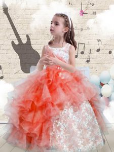 Best Selling Scoop Sleeveless Organza Floor Length Lace Up Kids Formal Wear in Watermelon Red with Beading and Ruffles