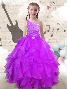 One Shoulder Sleeveless Organza Floor Length Lace Up Winning Pageant Gowns in Fuchsia with Beading and Ruffles