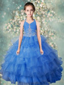 Fancy Halter Top Sleeveless Floor Length Beading and Ruffled Layers Zipper Girls Pageant Dresses with Baby Blue