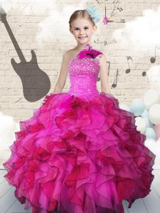 Beautiful One Shoulder Sleeveless Lace Up Pageant Dress Toddler Hot Pink Organza