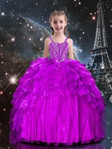 Discount Floor Length Ball Gowns Sleeveless Fuchsia Little Girls Pageant Dress Lace Up